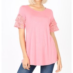 Rose Pink Ruffle Lace-Sleeve Curved Hem Tunic
